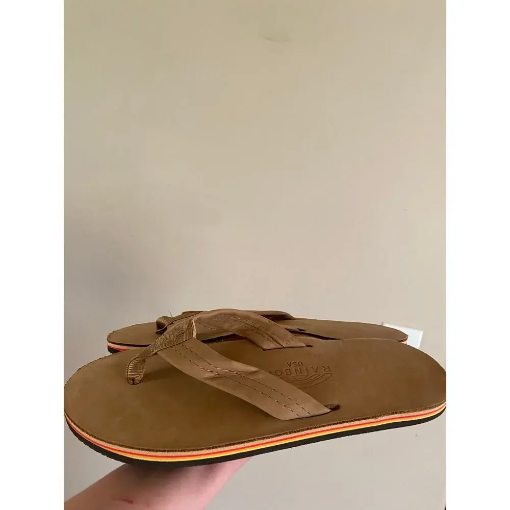 NWT Rainbow Mens Single Layer Premier Leather Sandals Tan/Red Orange Yellow L